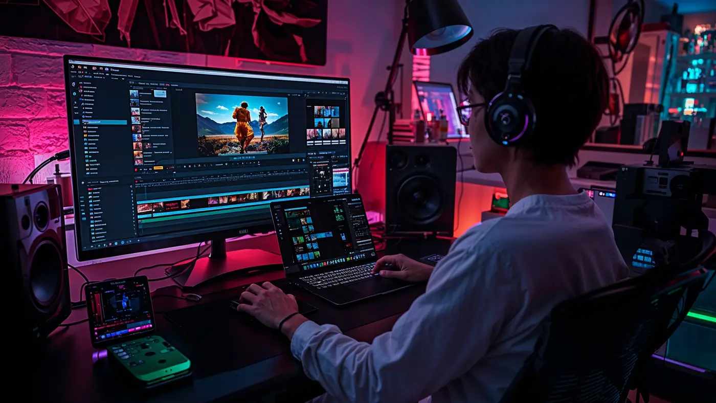 Creative professional editing video content on a laptop with AI-powered video tools and visual assets in a high-tech studio environment