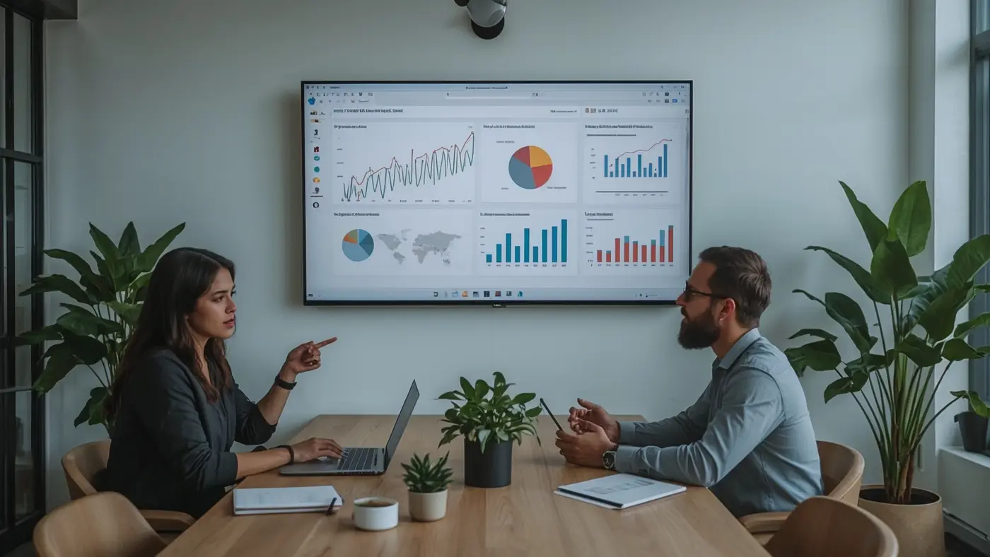 Two solo entrepreneurs in a modern co-working space reviewing AI-powered analytics on a wall monitor, surrounded by notebooks, digital devices, and plants in natural lighting.
