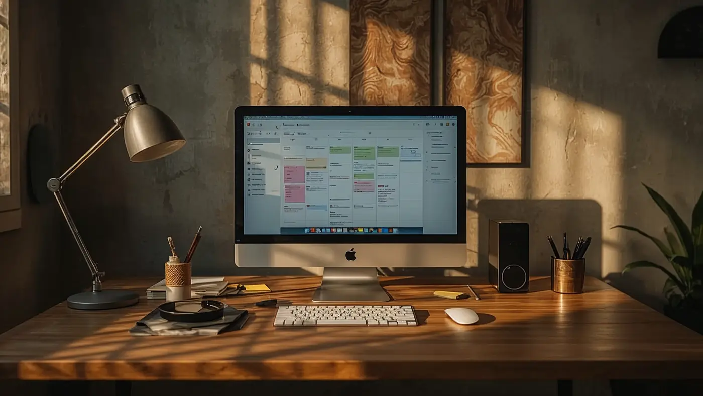 Hyper-realistic AI-powered content creation workspace with a computer, daylight, and digital workflow tools, no people present.