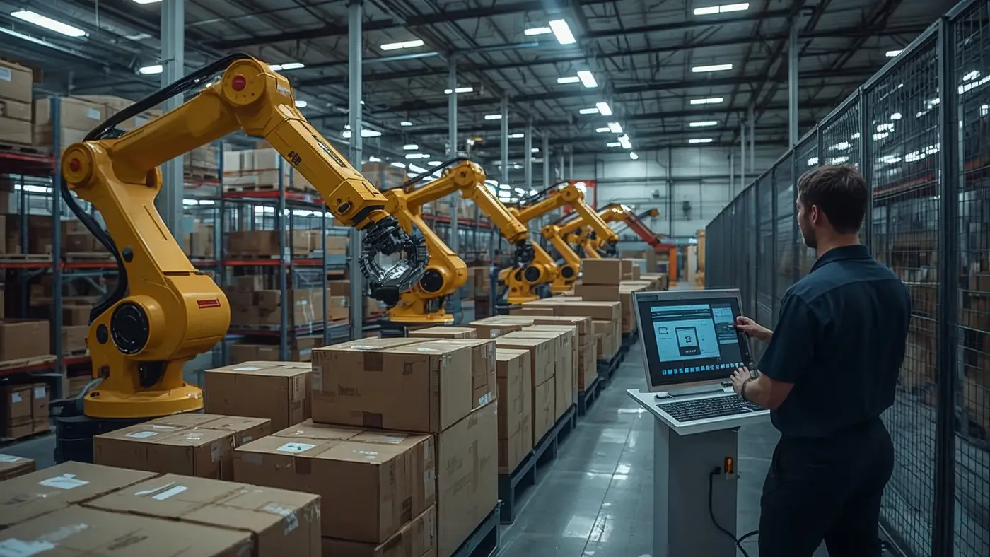 A hyper-realistic scene of an automated warehouse with robots sorting subscription boxes and a human operator overseeing the process on a digital control panel.