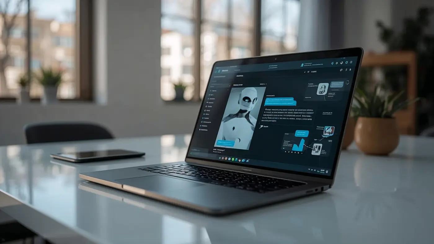 Laptop on a minimalist desk displaying a hyper-realistic AI chatbot interface with predictive analytics in a bright, modern office.
