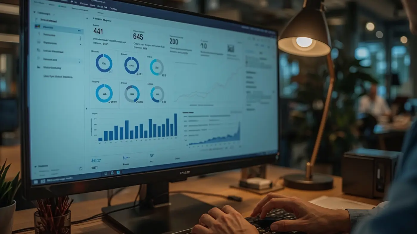 A hyper-realistic close-up photo of a CRM dashboard on a computer screen with a person's hand interacting, showing organized customer data and automated follow-up sequences in an authentic office setting.