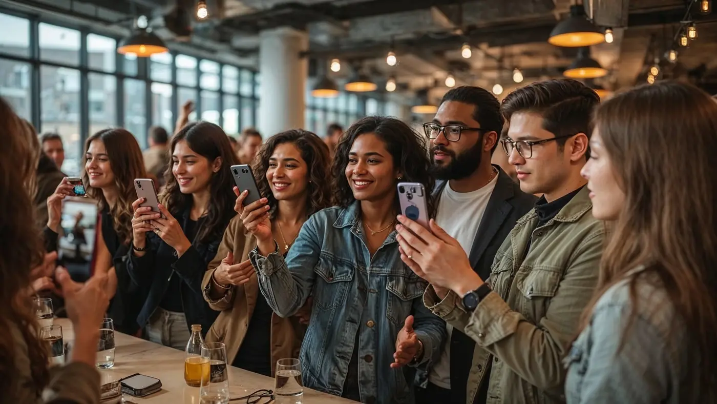 Group of brand advocates at a stylish event creating content with smartphones, vibrant real-world user-generated content moment, natural lighting.