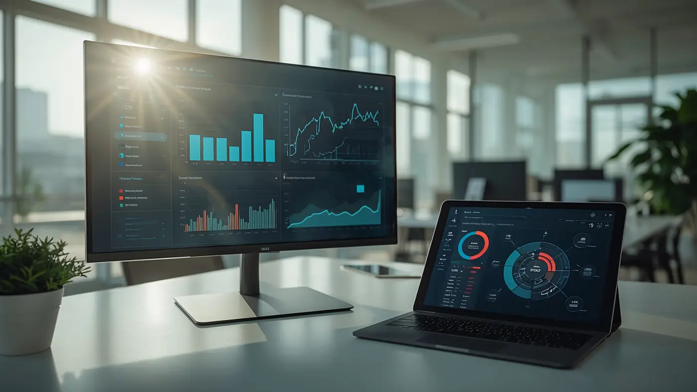 Modern workspace with advanced technology and analytics displays for AI-driven personalization