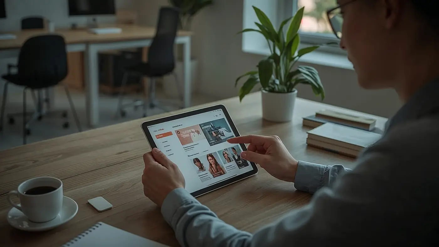 A small business employee using a tablet to interact with an AI-powered chatbot dashboard in a modern, naturally lit office workspace.