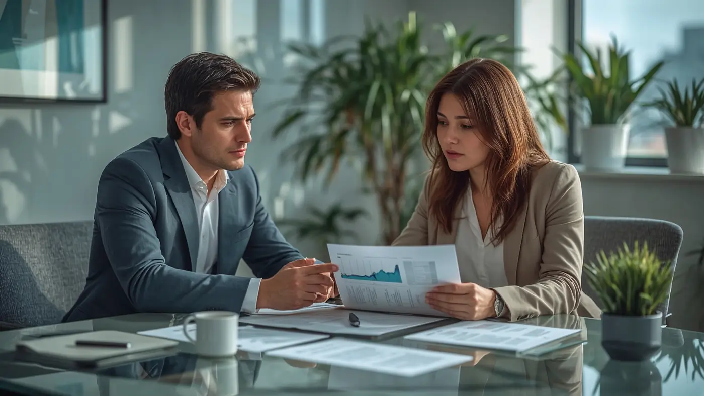 A hyper-realistic photo of a business coach and client reviewing CRM analytics together in a bright, professional office with natural daylight.