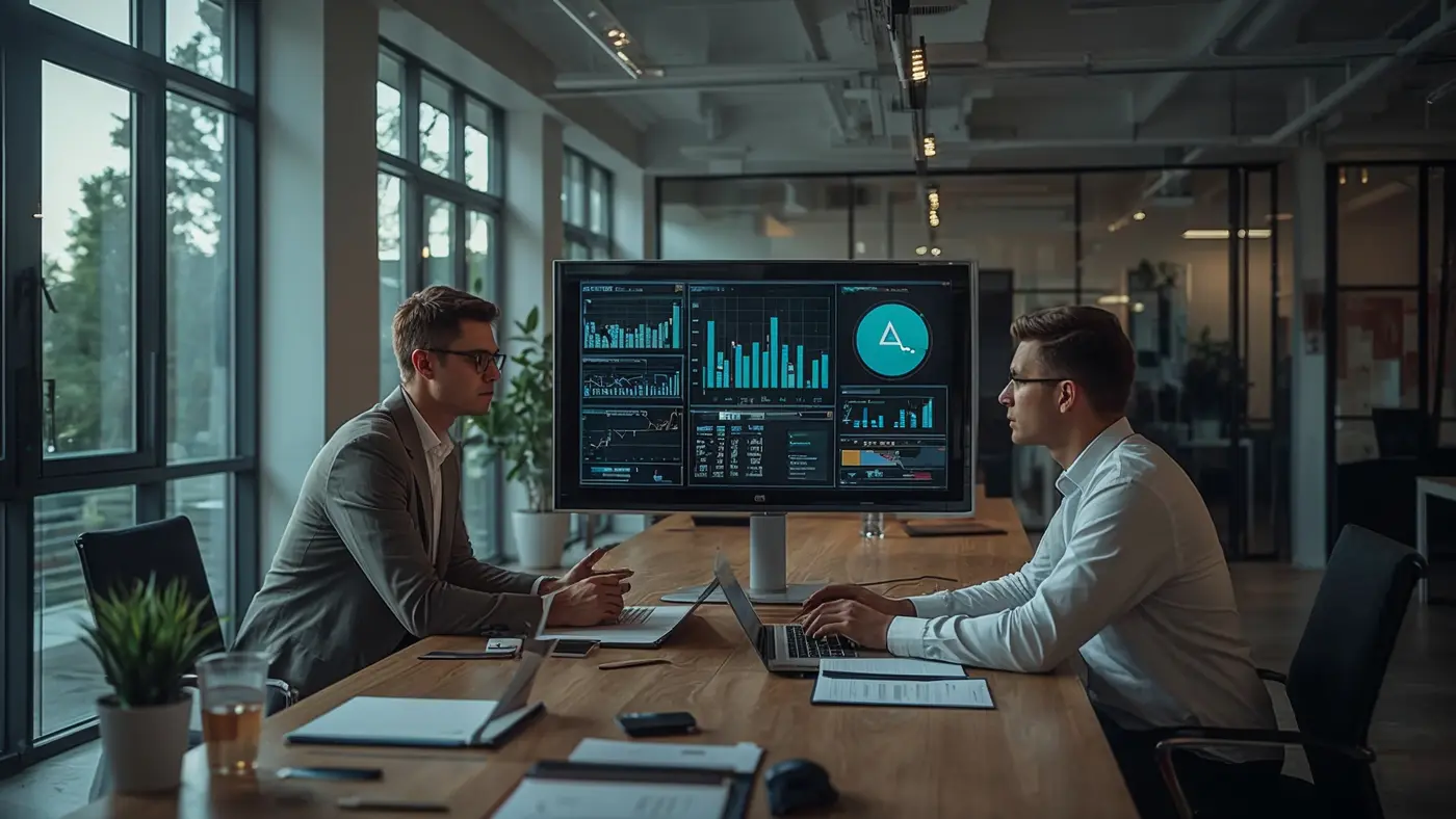 A modern office with two professionals collaborating over AI data analytics on a digital display, symbolizing teamwork and innovation in AI-powered decision making.