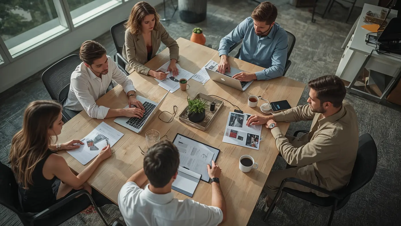 A hyper-realistic photo of a diverse agency design team collaborating around a table, reviewing printed mockups and digital prototypes of ebooks and guides in a bright, modern office with large windows