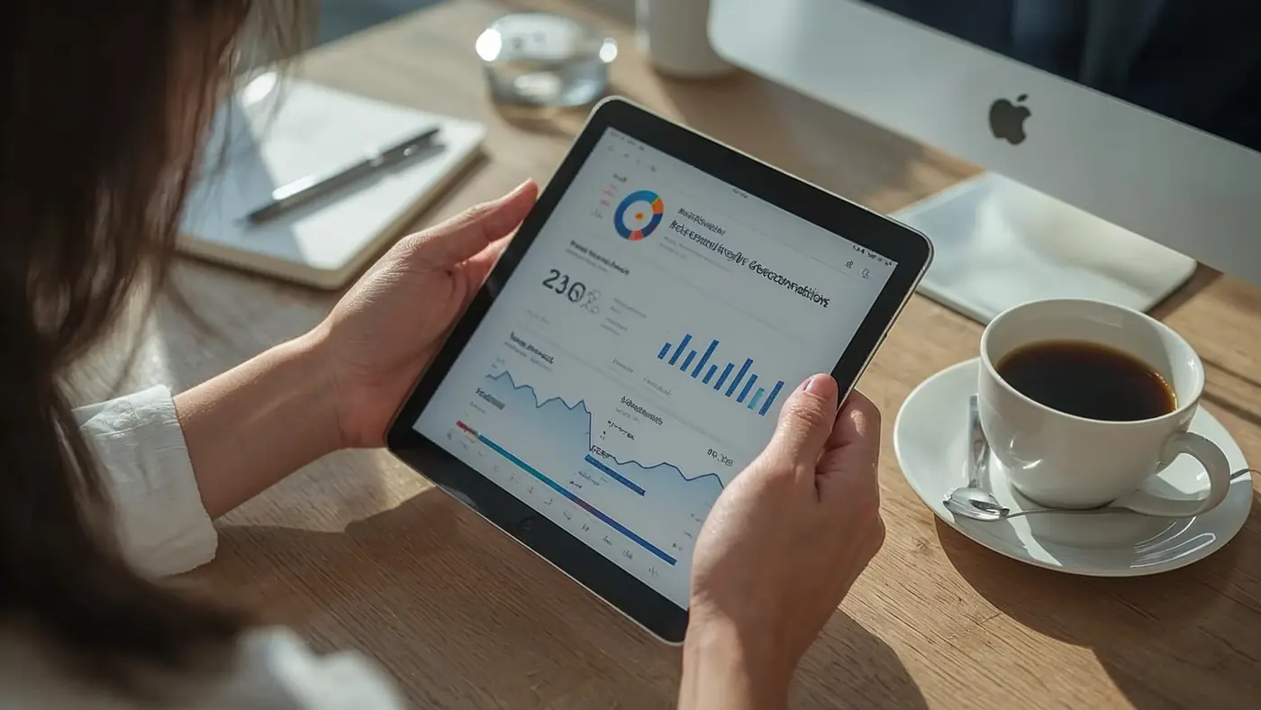A hyper-realistic close-up of a marketer’s hands using a tablet to review AI-generated email campaign results, with visible graphs and personalized recommendations in natural daylight, surrounded by a notepad and coffee cup.