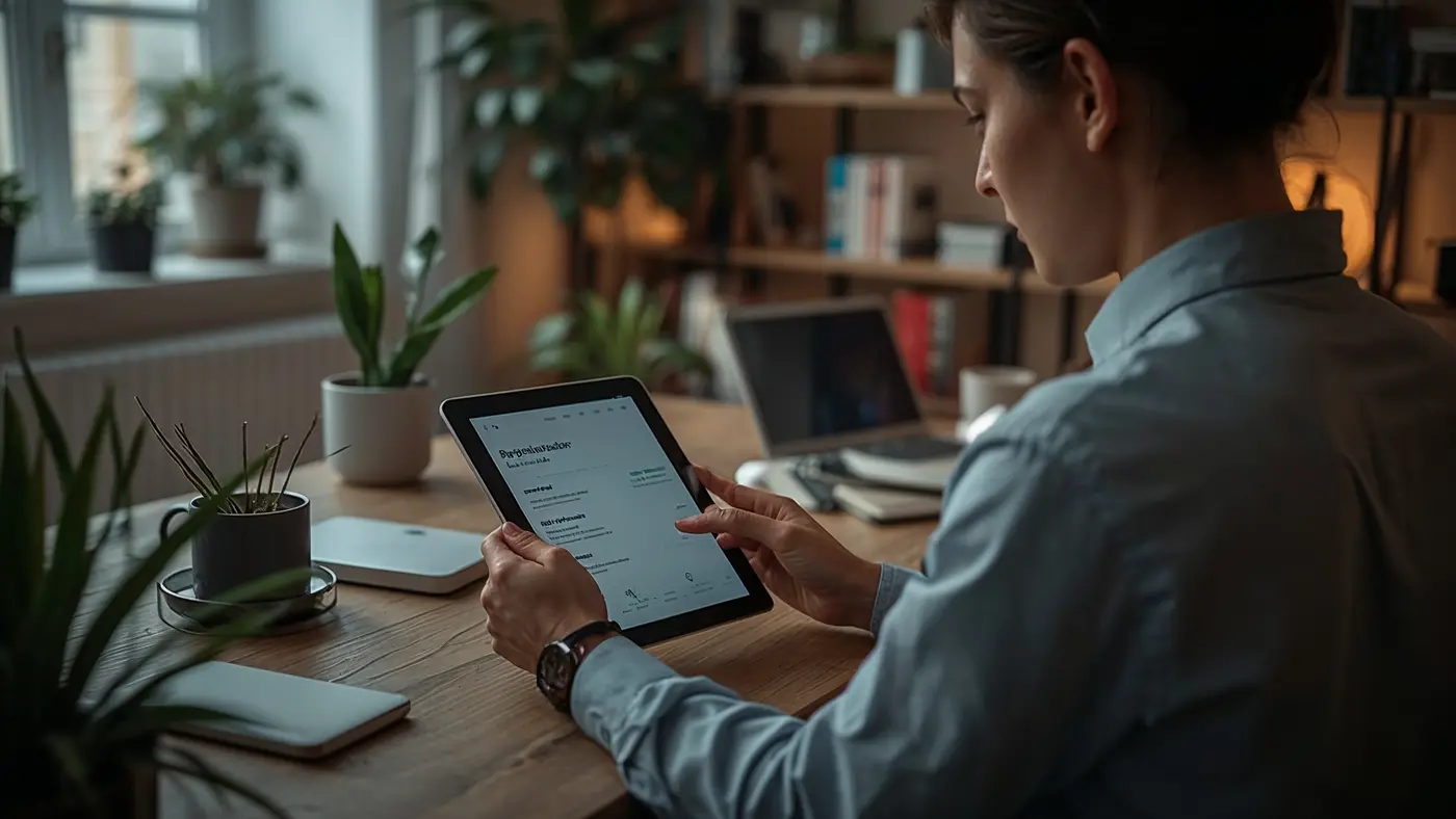 A hyper-realistic home office with a professional reviewing personalized AI-powered community engagement insights on a tablet, surrounded by smart devices and natural decor.