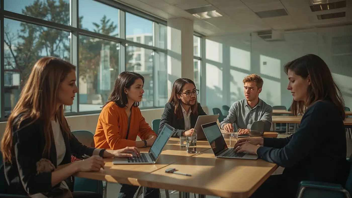 A hyper-realistic image of two educators collaborating in a sunlit staff room, using laptops and tablets with visible AI interfaces, reflecting genuine teamwork and modern technology in education.