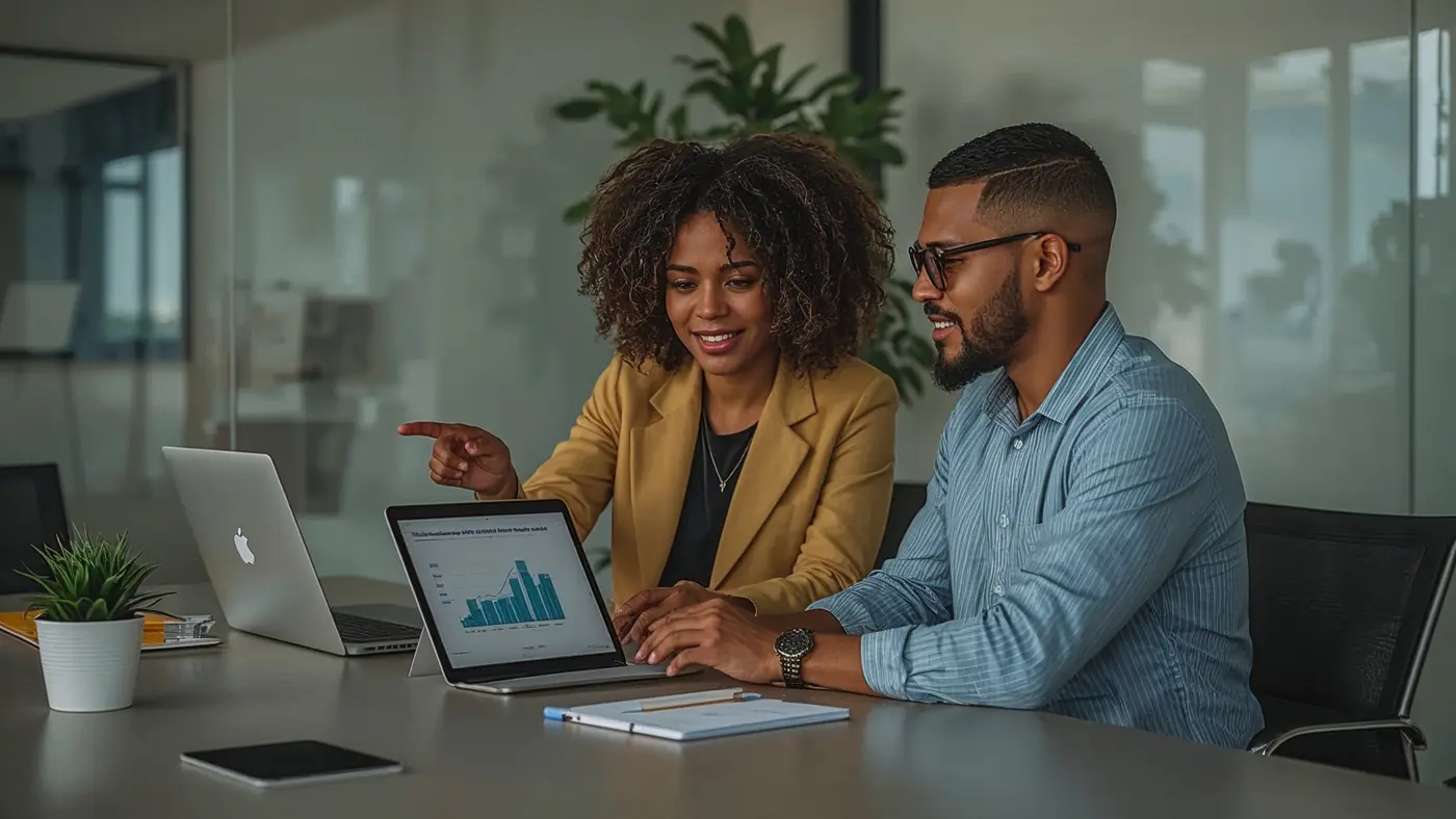 A hyper-realistic photo of two diverse digital marketers collaborating at a modern office table, using laptops and a tablet displaying an AI explainability chart, with authentic daylight.