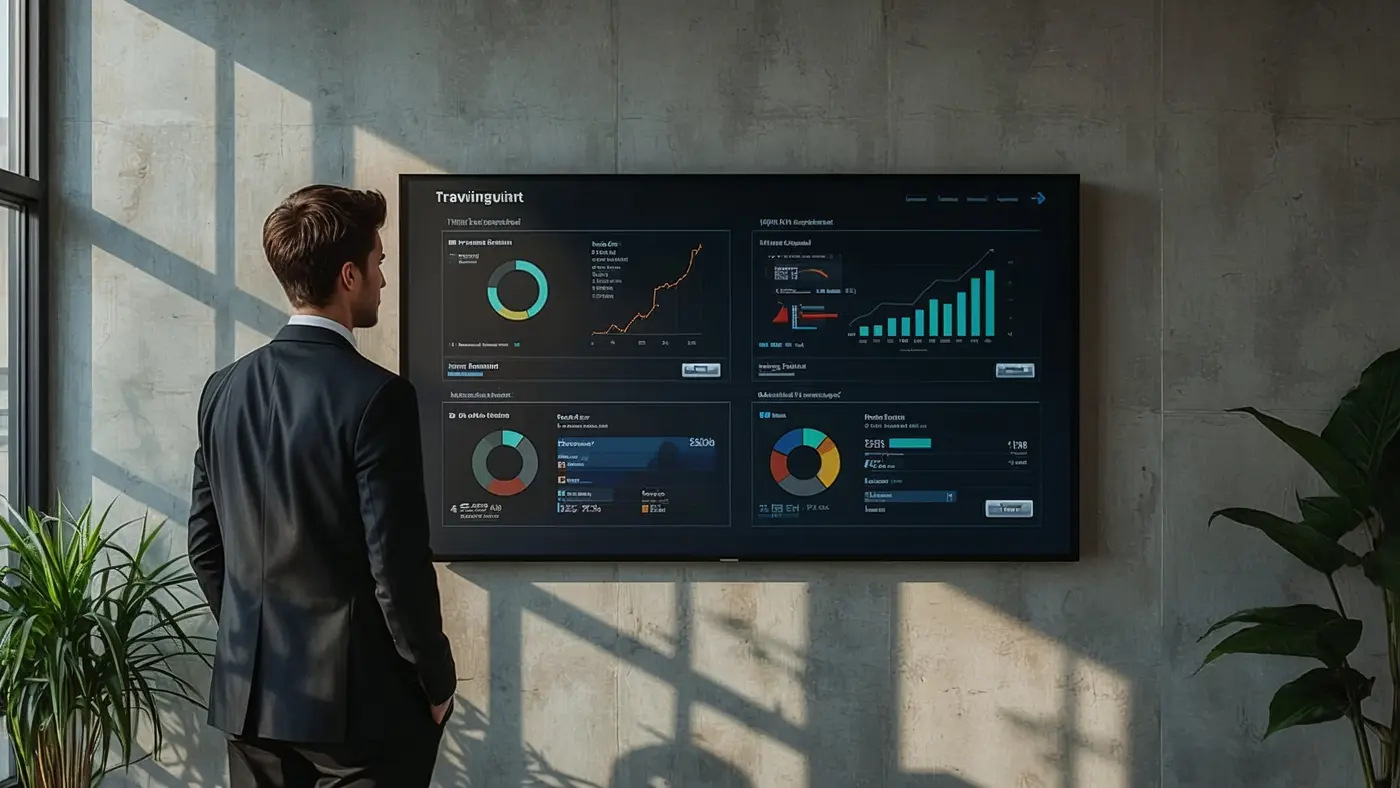 A digital marketing strategist reviewing a wall-mounted AI dashboard with real-time campaign results, in a bright, contemporary office space.