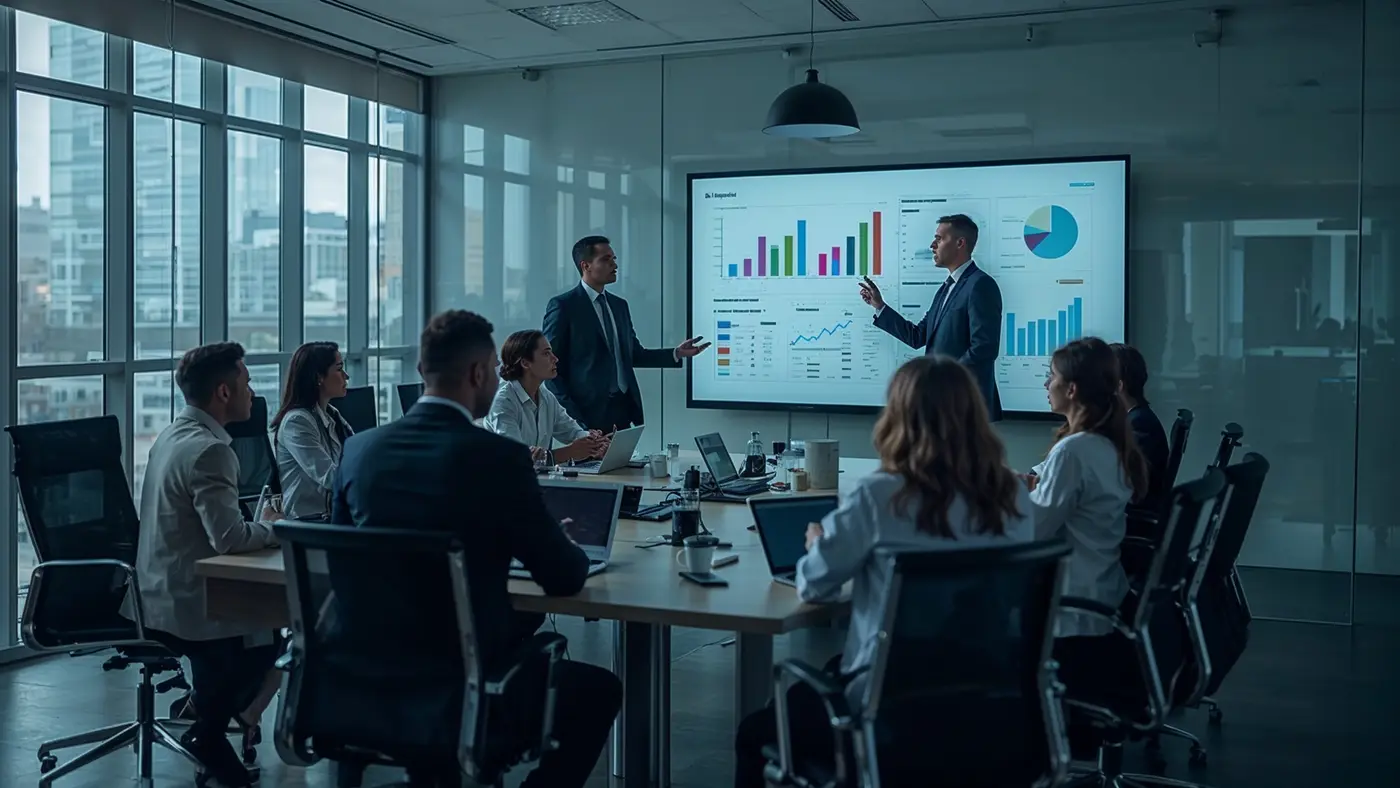 A hyper-realistic scene of two diverse business professionals analyzing audience insights and data charts on a digital screen in a modern glass-walled meeting room, with natural daylight.