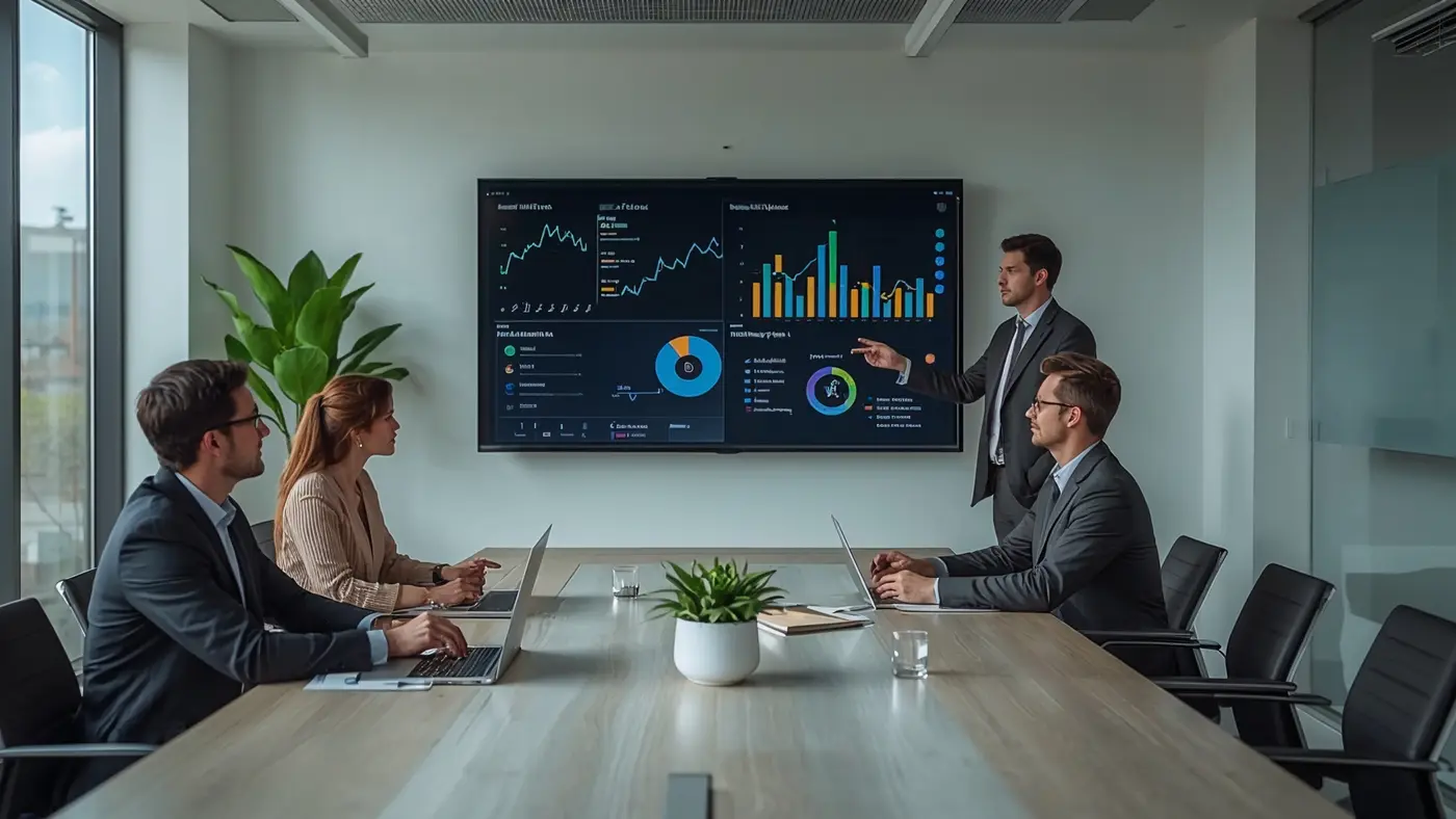 A hyper-realistic photo of a small business team in a modern conference room, one person presenting AI-driven analytics on a large screen.