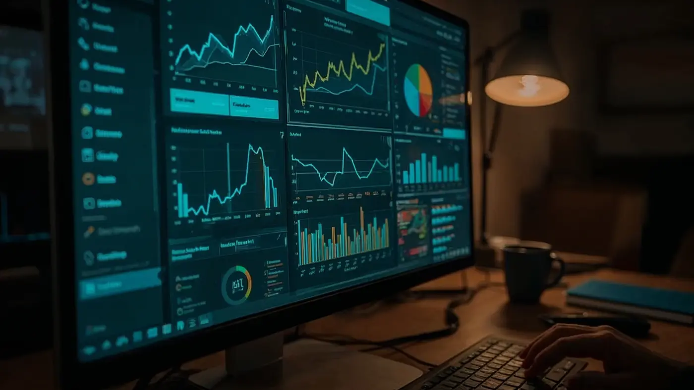 Close-up of a computer screen with advanced AI-powered dashboard and data visualizations in a real office