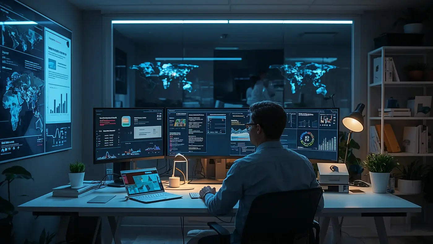 A high-tech home office with a person using multiple screens for AI-powered content creation and automation