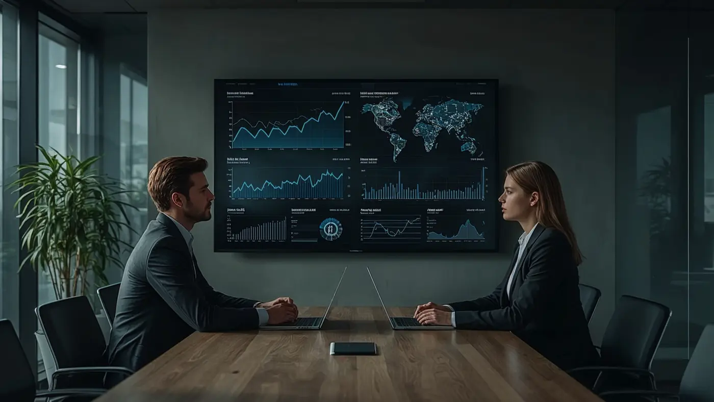 Two professionals analyzing AI performance metrics on a digital dashboard in a modern office meeting room, with real photo lighting.
