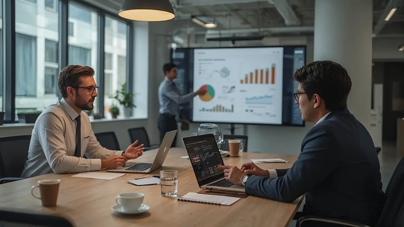 A consultant leading an AI training session for a business client in a modern workspace, demonstrating AI analytics on a laptop.
