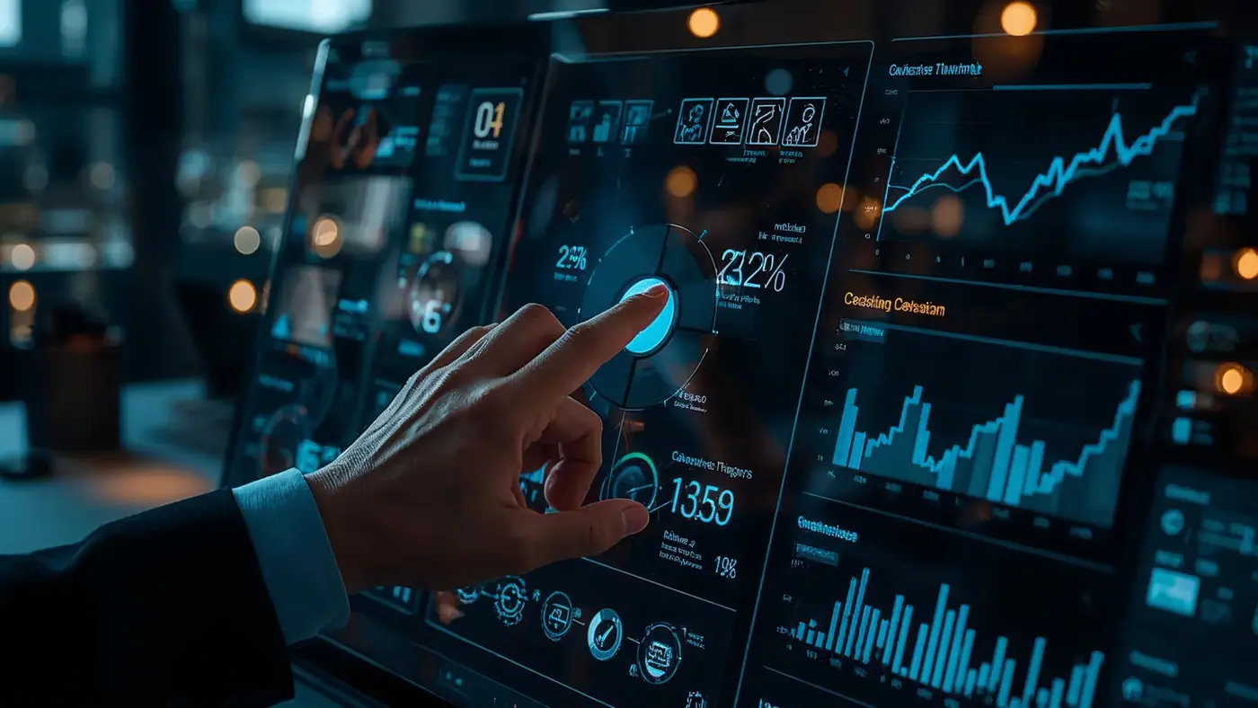 A hyper-realistic scene of a hand interacting with an AI-powered marketing automation dashboard on a touchscreen in a modern office