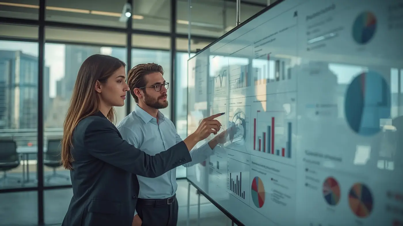 Two business professionals collaborating and analyzing Shopify optimization data on a digital whiteboard in a modern office.
