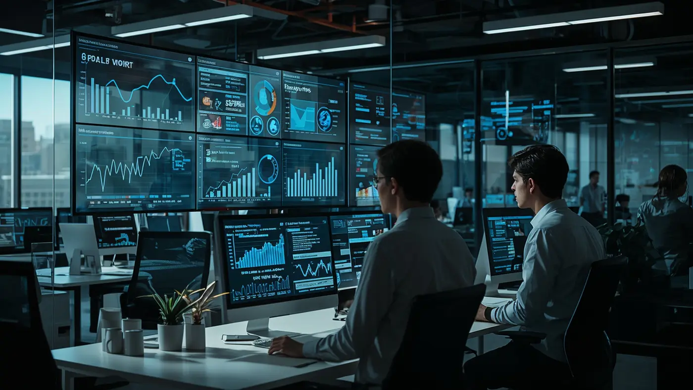 Modern workspace with digital dashboard and automation analytics