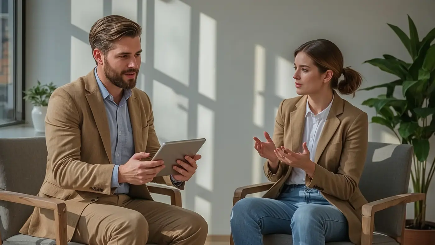A hyper-realistic one-on-one marketing consultation in a modern office, with a consultant using a tablet to explain funnel strategy to an attentive client, bathed in natural sunlight.