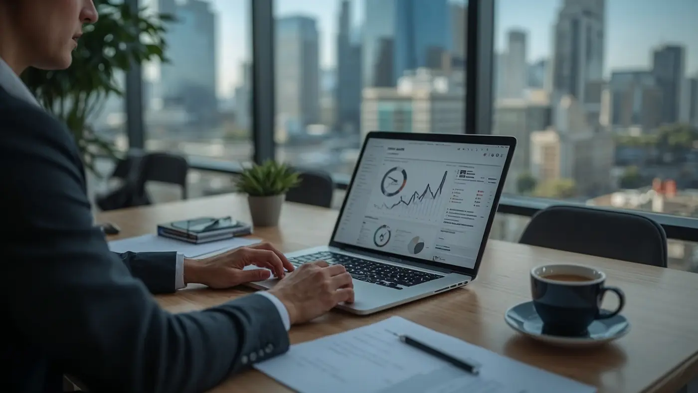Professional workspace with a consultant preparing an AI readiness assessment report at a desk, city view in background.