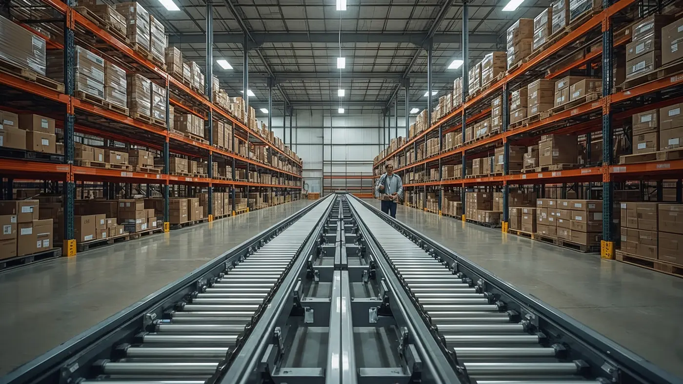 A hyper-realistic warehouse optimized for Shopify, with automated conveyor belts, organized shelves, and a staff member monitoring inventory on a tablet.