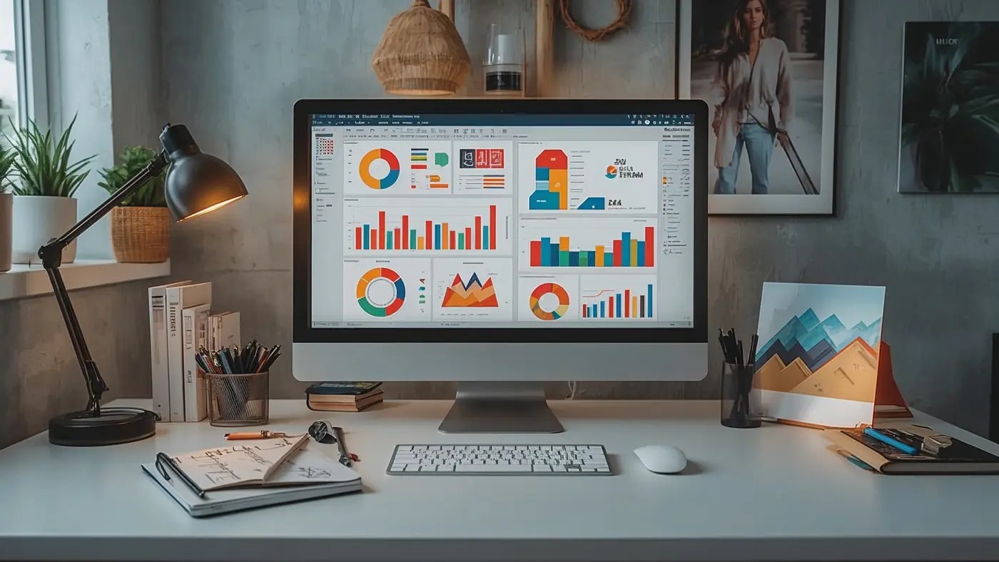 Desktop workspace showcasing AI-powered design tools with infographics and color swatches