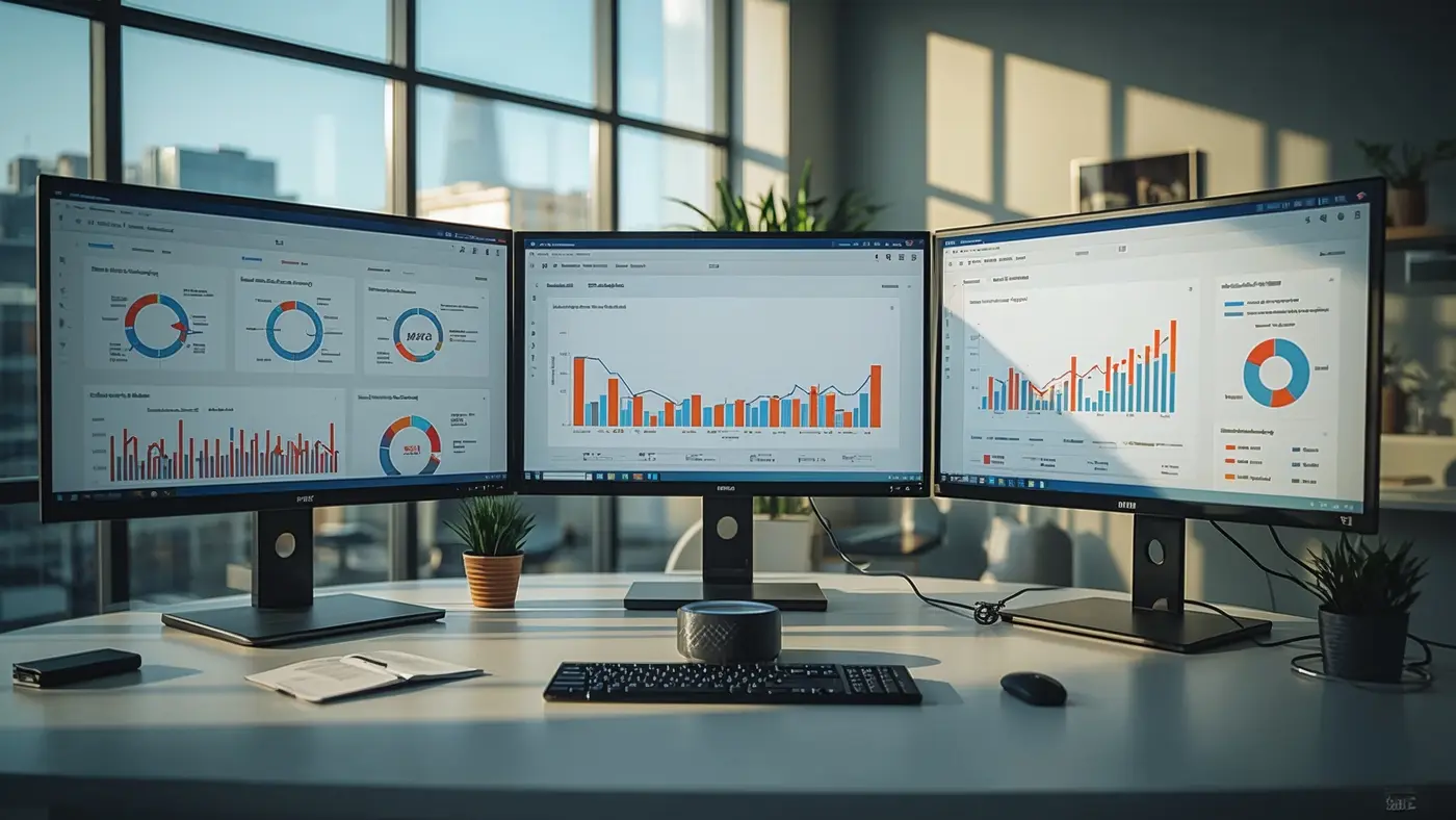 A modern workspace featuring multiple monitors with AI analytics and automation dashboards, illuminated by natural morning light.