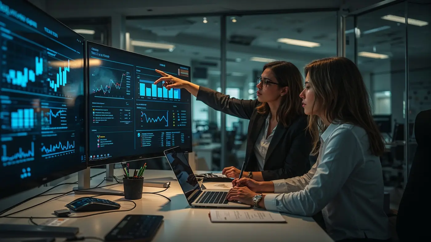 Two professionals collaborating in a high-tech office, reviewing analytics on a large screen, surrounded by digital devices