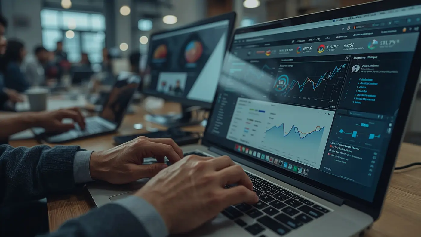 Close-up of hands typing on a laptop with multiple screens displaying analytics dashboards and AI-generated concept visuals in a collaborative workspace