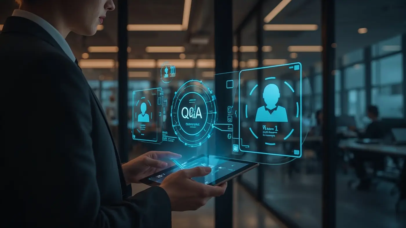 A business professional hosting an AI-driven interactive webinar using a tablet, with holographic interface elements for polls and Q&A in a modern, well-lit office.