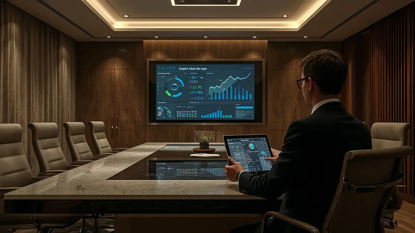 Upscale boardroom scene with a digital dashboard displaying AI-powered content metrics and CRM integration, with a professional reviewing data on a tablet
