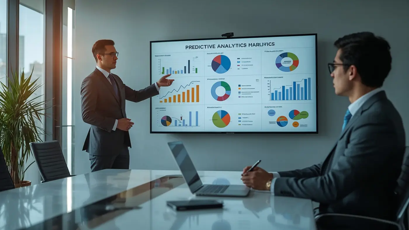 Two professionals in a meeting room presenting and discussing predictive analytics charts on a digital screen.