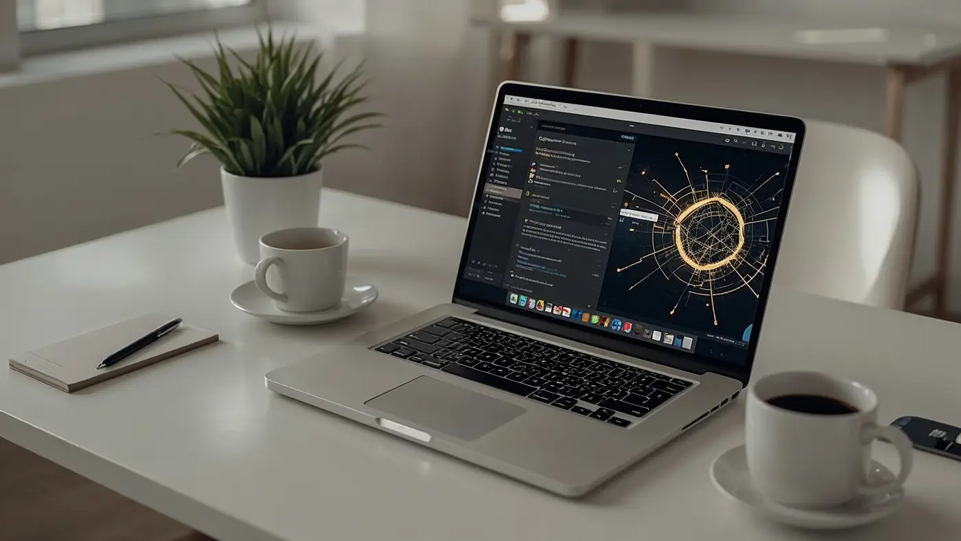 Minimalist workspace with a laptop showing AI automation workflows, coffee, and notepad, no people present.