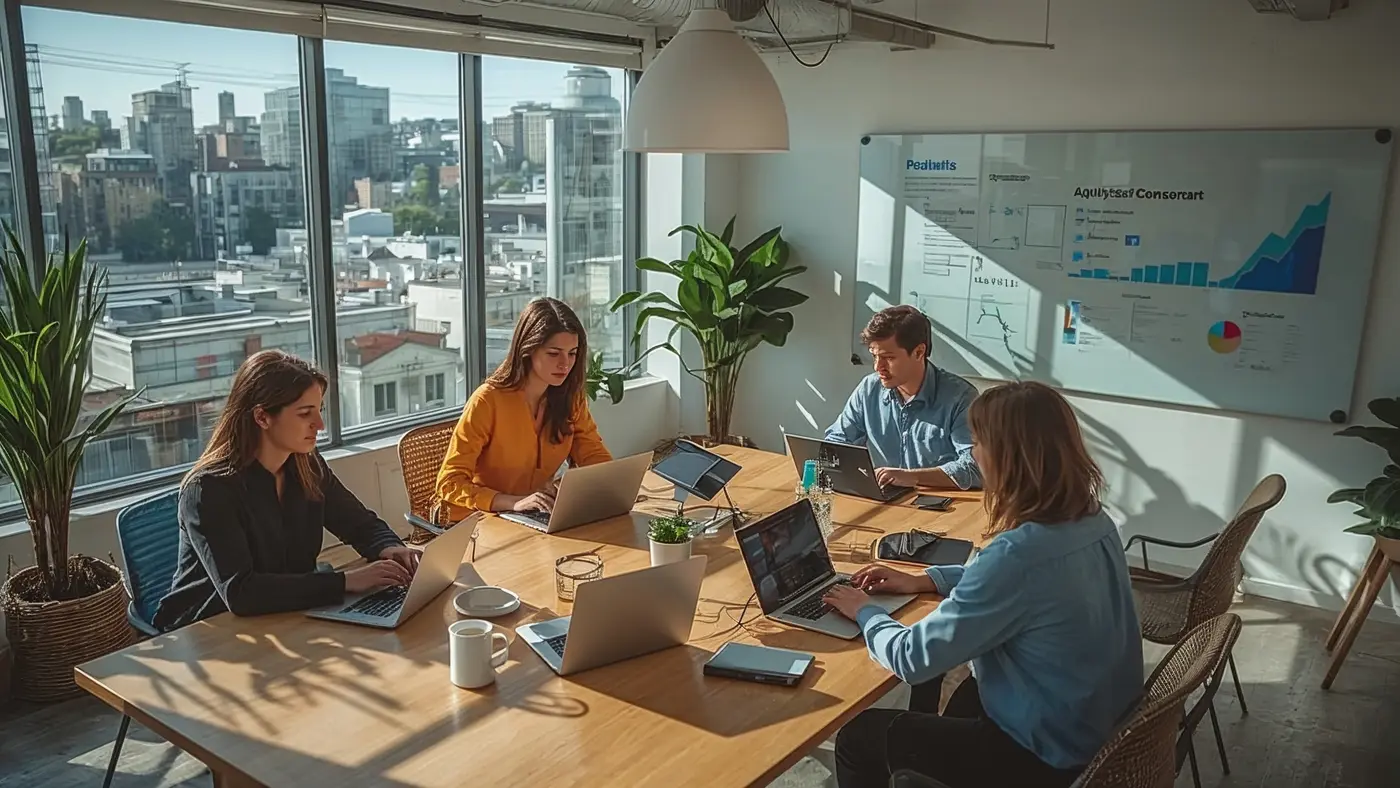 Creators collaborating in a high-tech, sunlit workspace using AI-powered tools
