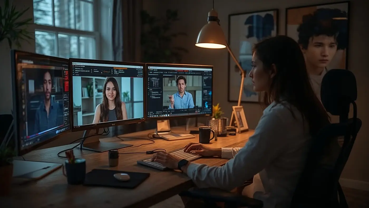 A hyper-realistic scene of a solopreneur conducting a virtual AI-powered consultation in a sophisticated home office