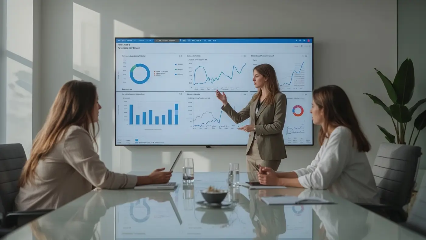 Small team in a bright modern meeting room reviewing subscription analytics on a large screen, natural daylight, focused discussion.
