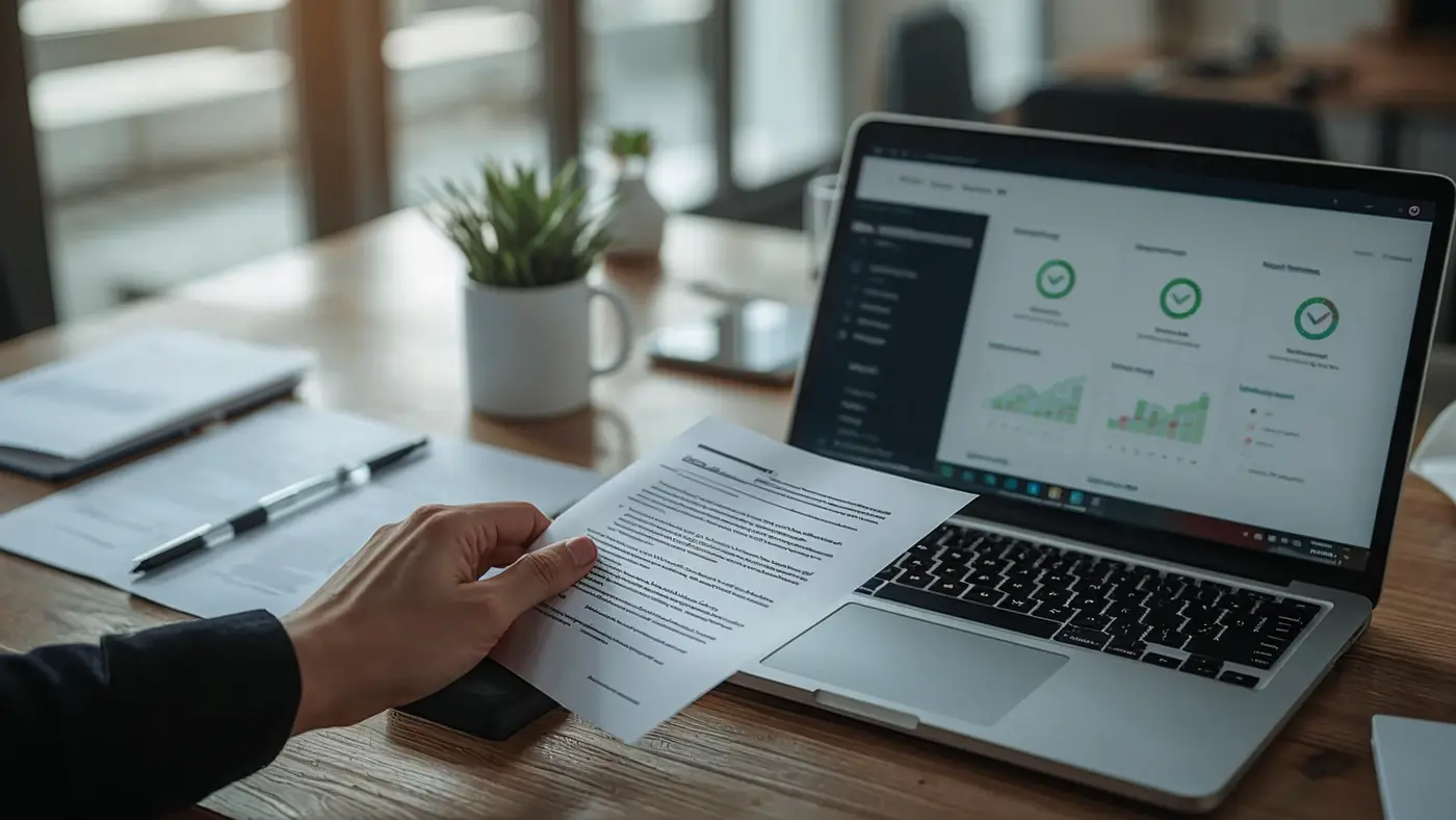 A hyper-realistic close-up of a hand scanning a contract with a document scanner and a laptop displaying AI compliance dashboards.