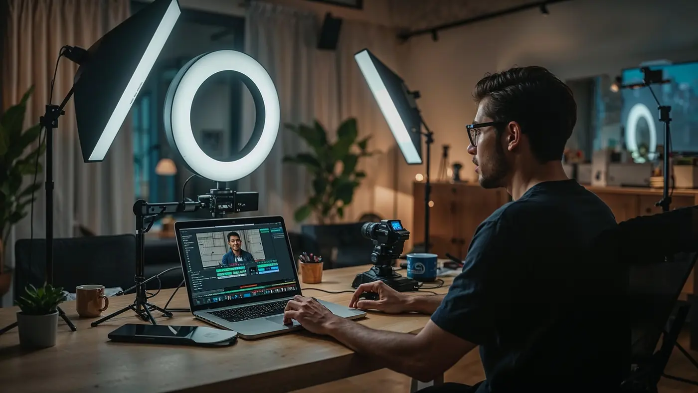 Entrepreneur recording a short-form video with ring-light and AI editing software in a modern workspace