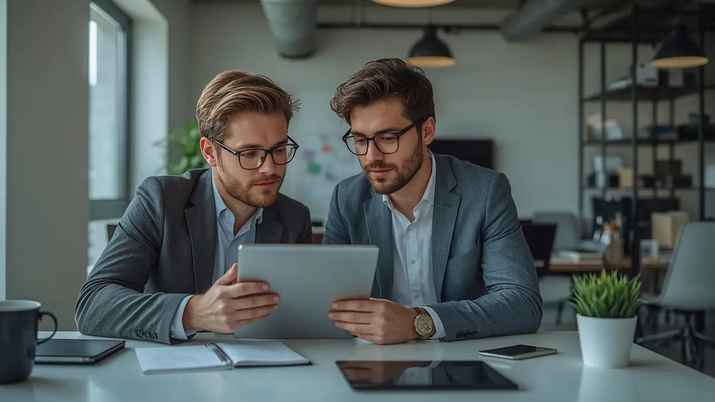 Two business owners in a hyper-realistic modern workspace reviewing AI-powered marketing analytics on a tablet, with tech accessories and natural lighting.