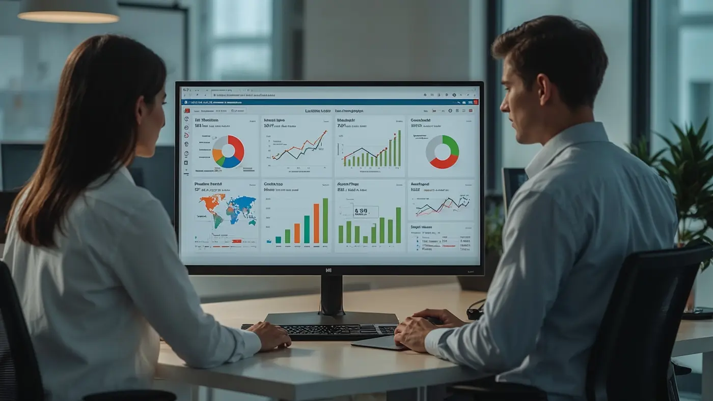 Two marketers analyzing a multi-channel campaign dashboard with graphs and charts in a bright, realistic office