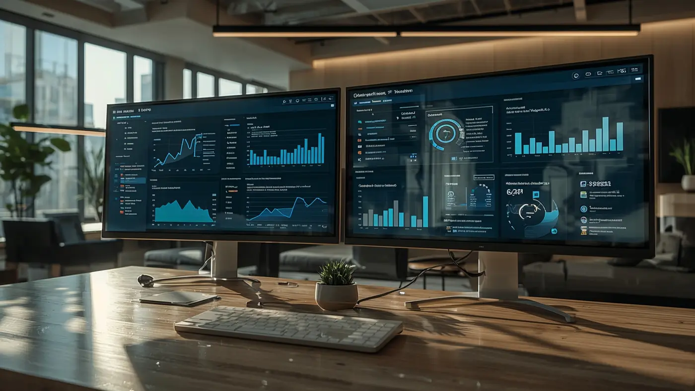 Contemporary office setup with digital dashboard and AI workflow analytics on multiple monitors, no people