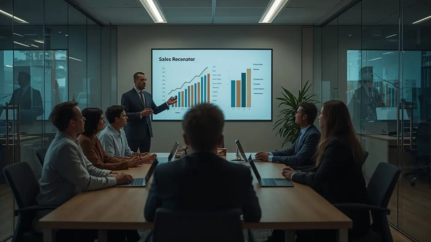 Sales manager presenting AI chatbot results to team in a glass-walled office