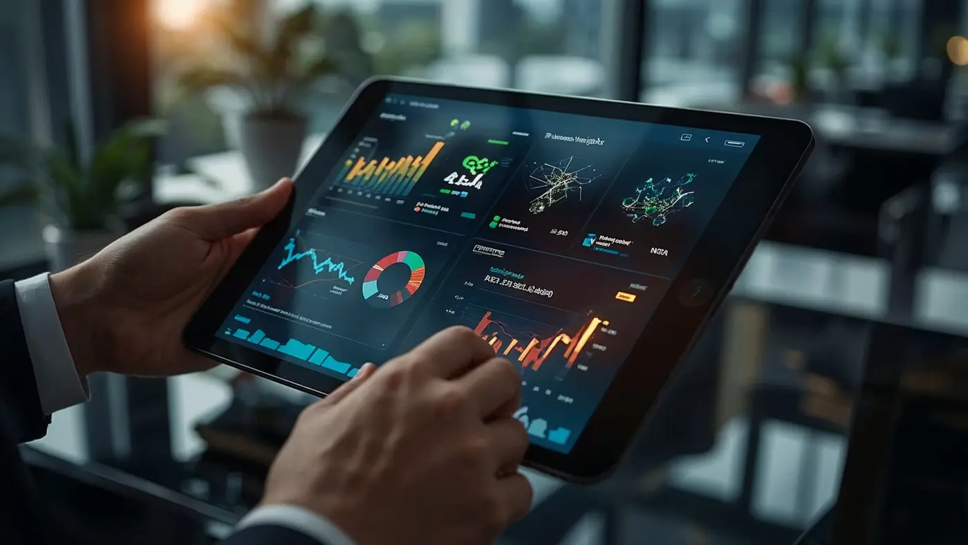 A close-up of hands interacting with a touchscreen tablet displaying complex AI analytics and business insights in a bright, modern workspace, illuminated by natural daylight.