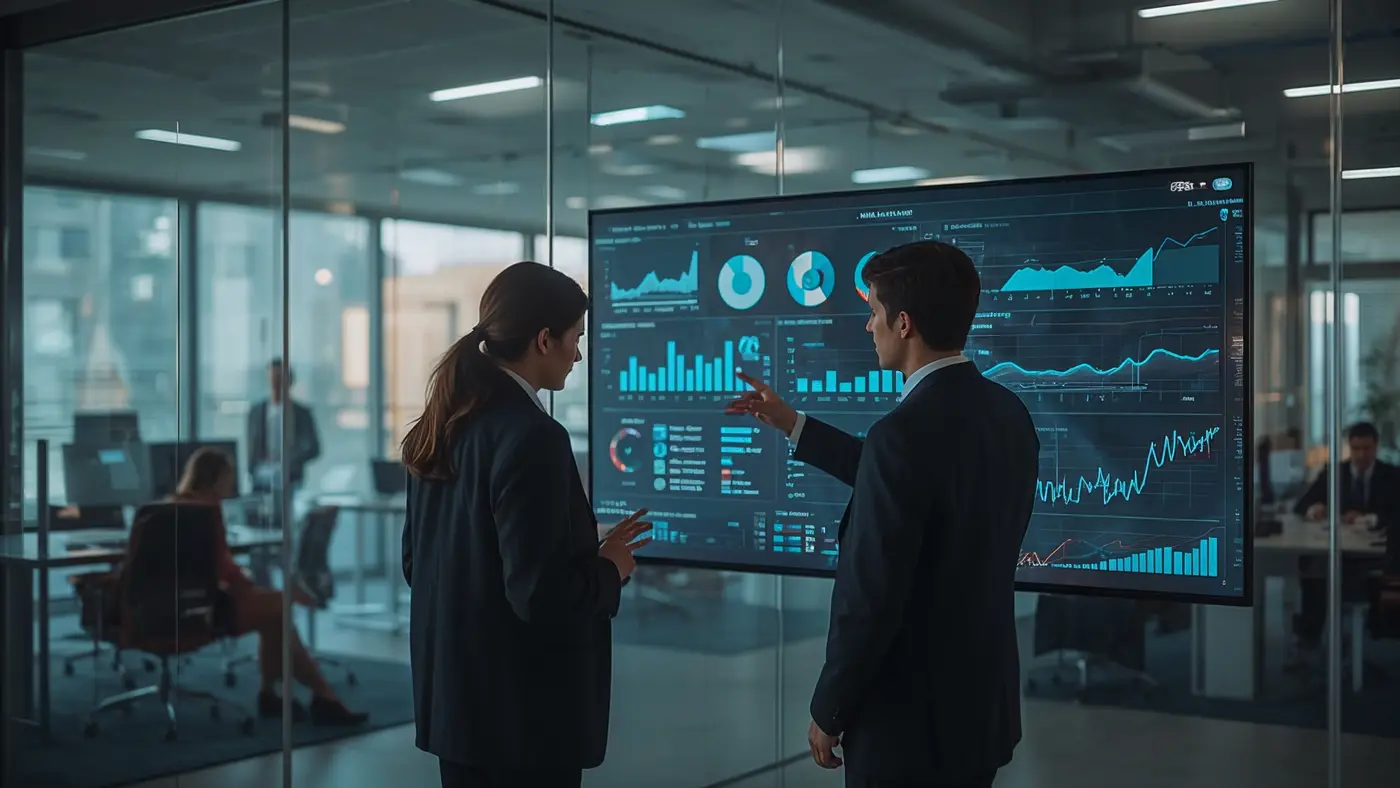 Hyper-realistic image of two professionals collaborating in a modern office, reviewing AI-driven data visualizations on a digital screen under bright natural lighting.