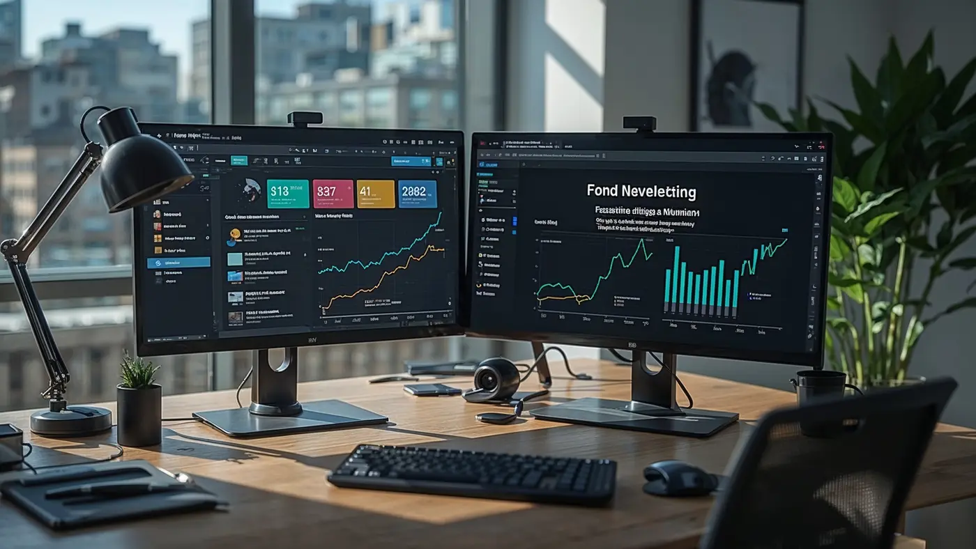 A hyper-realistic photo of a modern digital workspace with multiple monitors displaying AI-powered content creation and analysis tools, no people present.
