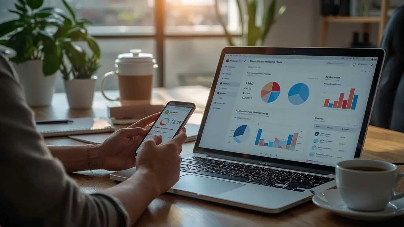 Close-up of a laptop and mobile device showing AI-powered SaaS dashboards with hands interacting, on a sunlit modern office desk.